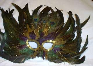 Purple Green Gold Feather Tinsel Mardi Gras Ball Mask  