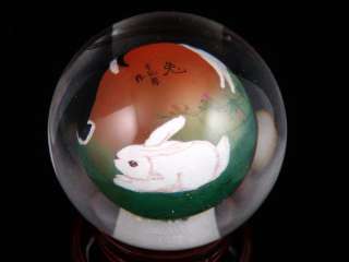   Peking Glass Inside Zodiac Rabbit Painted Sphere Ball w/ Stand  