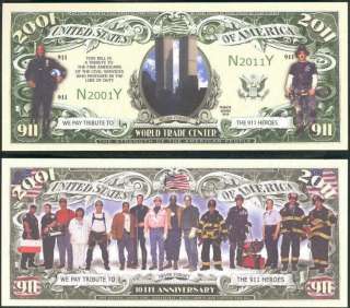   one bill front and back lot of 2 10th anniversary 911 heroes bills
