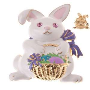   Jewelry White Bunny with Gold Basket Crystal Brooch Pin Pink Jewelry