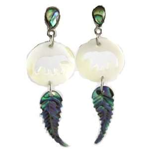 Wild Pearle Genuine Abalone Shell Shaman Bear Dangle Earrings ~ Comes 