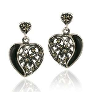    Sterling Silver Onyx & Marcasite Heart Dangle Earrings Jewelry
