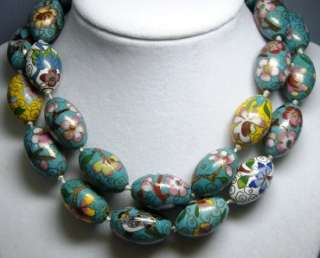   Turquoise Enamel Cloisonne Oval Egg Shape Bead Strand Necklace~27