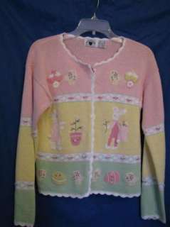 HARTSTRINGS Easter Cardigan Sweater BUNNIES/EGGS/CHICKS  