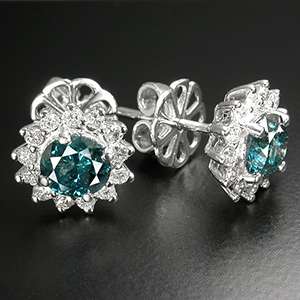 Natural Blue & White Diamonds, 14K Gold Ring Earrings   