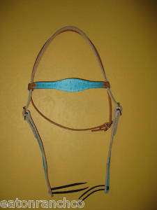 Turquoise Blue Ostrich Leather Browband Headstall USA  