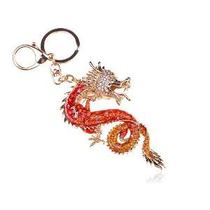 Gold Tone Fiery Red Crystal Rhinestone Lucky Chinese Dragon Clip Hook 