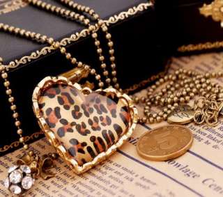 Fashion Leopard Heart Shaped Long Beaded Necklace Gold  