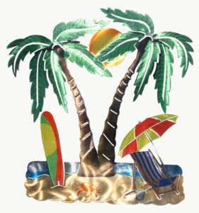 New ~ 3 D METAL WALL ART ~ LARGE PALM TREES BEACH SURF  