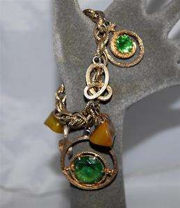 Vintage Green Glass Gold Circle & Lucite Charm Bracelet  