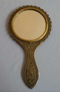 ANTIQUE BRASS ORNATE HAND MIRROR DOUBLE HEADED EAGLE  