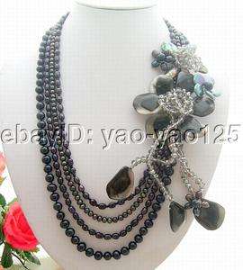 4Strds Black Pearl&Shell Flower&Crystal Necklace  