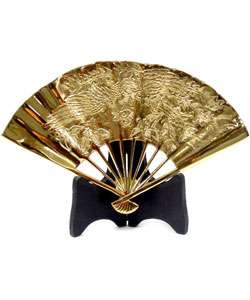 Brass Fan with Wooden Stand (Set of 2)  
