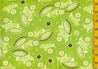 yd FLANNEL Lime Chocolate Brown Asian Floral BTY  