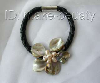   handmade baroque freshwater pearl shell flower leather bracelet  