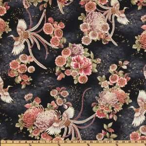  44 Wide Han e mai Flowers & Cranes Black Fabric By The 