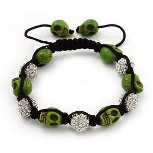 Light Green Skull Shape Stone Beads & Crystal Balls Shamballa Bracelet 