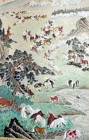 Chinese Scroll Painting One Hundred Horses Landscape  