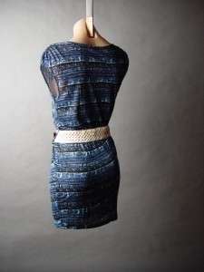   Print Woven Belt Blue Blk Deep V Cut Faux Wrap Mini Dress S  