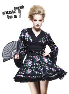 HELL BUNNY japanese SKY KIMONO TOP floral MINI DRESS BLACK SIZE 10 16 