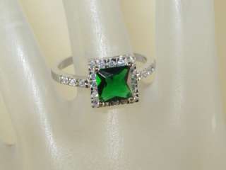   Princess Cut Emerald & White Sapphire 925 Sterling Ring 3.4g  