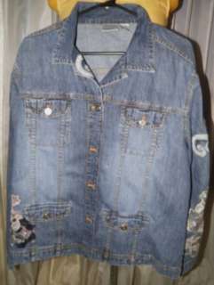   ACID WASHED Lace accent long sleeve denim jean jacket sequined  