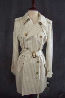 Large Ivory belted Trench Coat Ralph Lauren Women lined pinstripe 