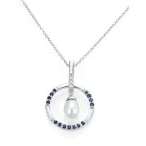  0.29 Ct Round Pearl, Sapphire 14K White Gold Necklace 