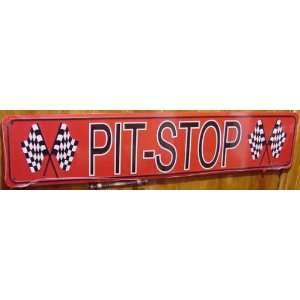 Pit Stop With Checkered Flags Embossed Metal Street Sign