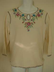 White Cotton Embroidered Red Roses Blue Floral Blouse Sweater Top L 