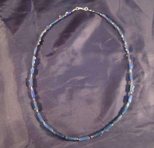 925 Silver Roman Glass Blue bead necklace 1700 YRS A  