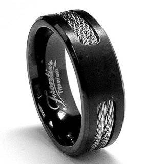 Black Titanium ring Wedding band with Stainless Steel Cables sizes 7 