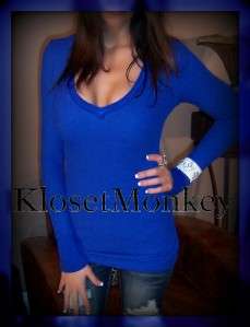 SEXY BLUE V NECK WAFFLE THERMAL LOW CUT WIDE CUFF L/S SOFT TEE SHIRT 