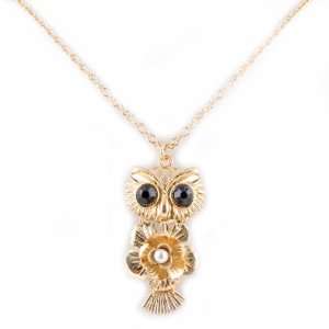   Fashion Owl Necklace with Onyx Eyes and Plumeria in Center Jewelry