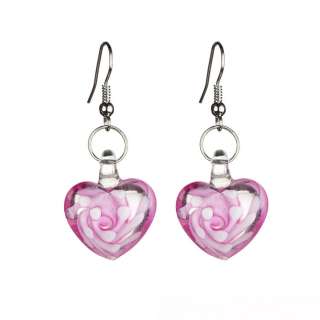 Pink Murano Lampwork Glass *Heart Hook Dangle Earrings  