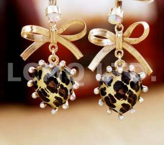 New Brand Fashion Hot Cute Gold Bow Knot Leopard Heart Dangle Earrings 