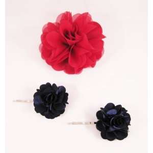   Organza Flower Brooch Clip and 2 Navy Blue Satin Flower Bobby Clips