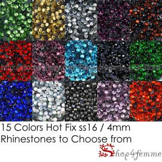 Loose Rhinestones lot of Hot Fix Iron on 4mm (SS16), 15 Colors to 