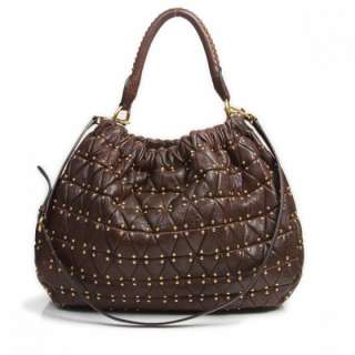 MIU MIU Leather Studded Patchwork Hobo Bag Purse Brown  