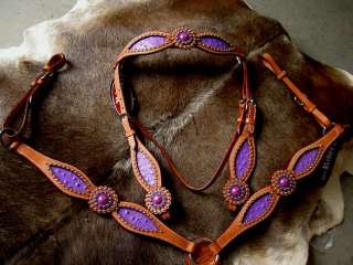 BRIDLE BREAST COLLAR WESTERN LEATHER HEADSTALL PURPLE OSTRICH HORSE 