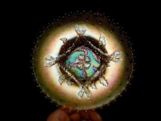 DUGAN GORGEOUS MARIGOLD APPLE BLOSSOM TWIGS BASKETWEAVE CARNIVAL GLASS 