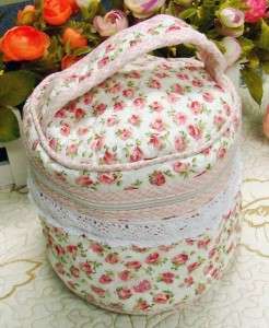 Red Rose Lace Cotton Quilted Round Storage Make Up Bag  