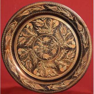 Vintage Handcrafted Engraved Copper Floral Plate Platter Tray  