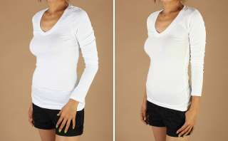 Women/Junior Plain Basic LONG SLEEVE Stretch T Shirts Solid Cotton V 