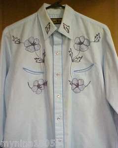 Tem Tex Blue Western Embroidered Pearl Snap Shirt Sz L  
