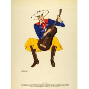 1941 Lithograph Argentina Guitar Gaucho Costume Poncho Chiripa Hat J 