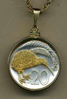 Gold on Silver New Zealand Coin Kiwi Necklace in Gold Filled Plain 