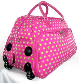   Gym Bag Rolling Luggage/Wheels Upright Travel Pink/Green Dots  