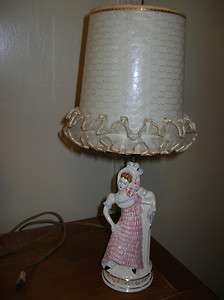 Old Victorian Pink Ruffle Dress Porcelain Table Lamp 1950s  60s  