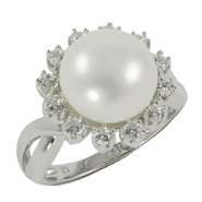 Sterling Silver 12 12.5mm Freshwater Pearl & Cubic Zirconia Ring (size 